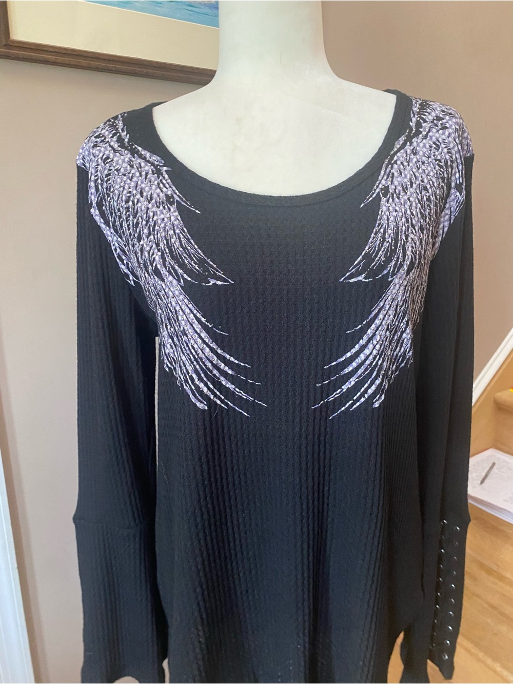 Vocal Womens Angel Wing Black Waffle Knit Top Shirt - Picture 9 of 9